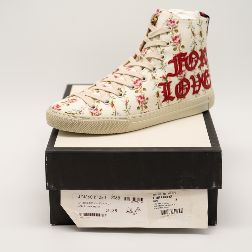 size 38eu 8us Gucci Blind For Love Floral Print High Top Sneakers Canvas Red - Picture 13 of 14